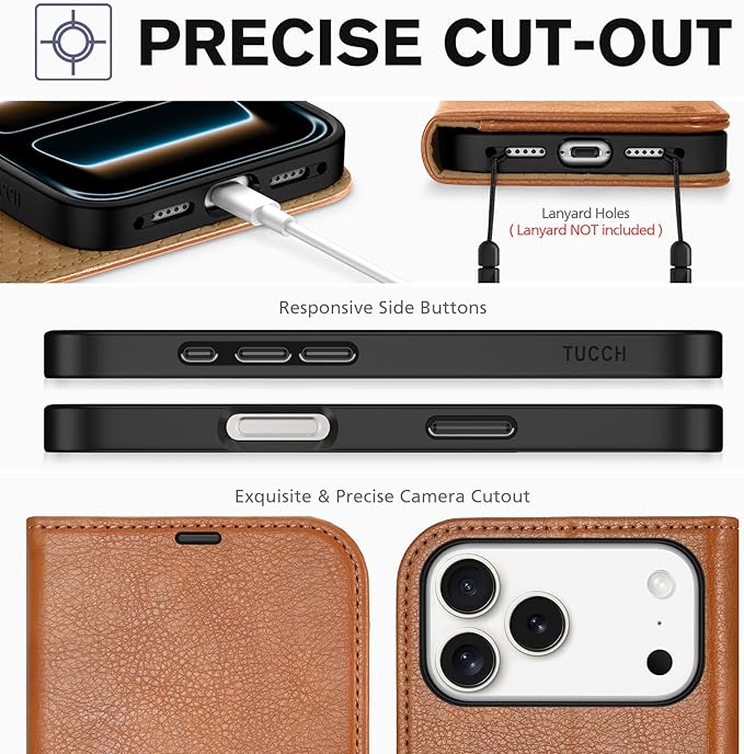 TUCCH Wallet Case for iPhone 17 Pro Max (6.9") 2025, 4 Card Holders | RFID Blocking | Stand | PU Leather | Magnetic Closure | Protective Folio Cover | Shockproof TPU Shell | Light Brown