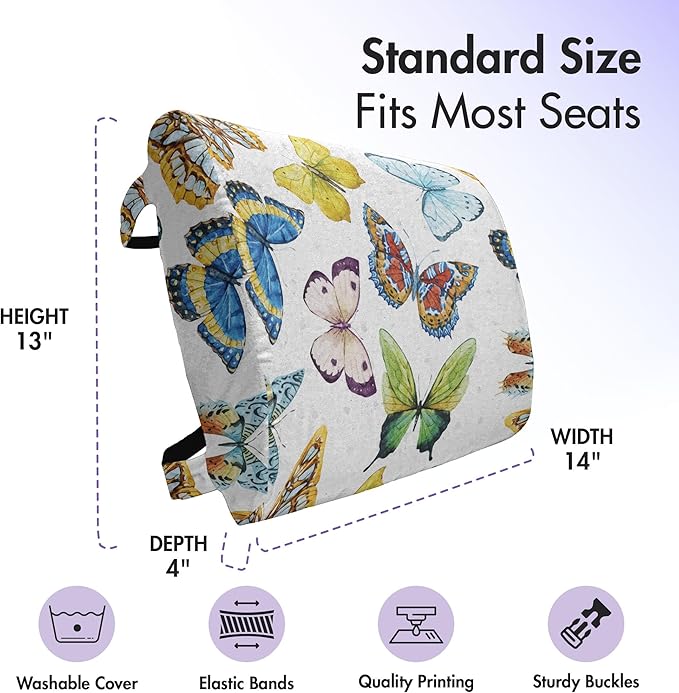 Ambesonne Butterfly Lumbar Back Support Pillow, Colorful Watercolor Animals with Numerous Different Designs and Elements, High Density Foam for Office Chairs Car Seats, 14" x 13", Yellow Blue