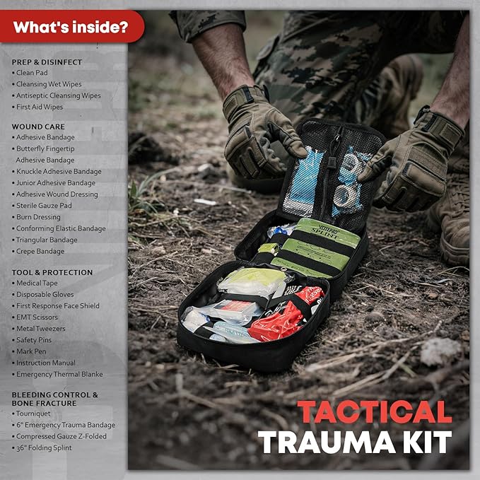 Trauma First Aid Kit - IFAK Trauma Kit with Trauma Bandage, Splint, Tourniquet, Wound Care, Bleeding Control - Tactical Molle Pouch for Military, Combat, Camping, Home, Hiking,Travel- Black