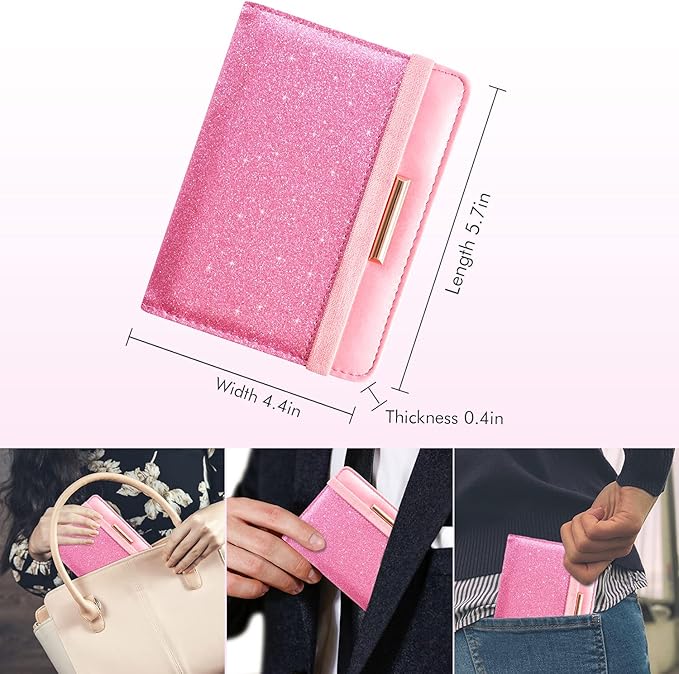 Caweet Passport Holder and Vaccine Card Holder Combo RFID Blocking Leather Vaccination Card Wallet with Elastic Band Closure, Glitter Pink