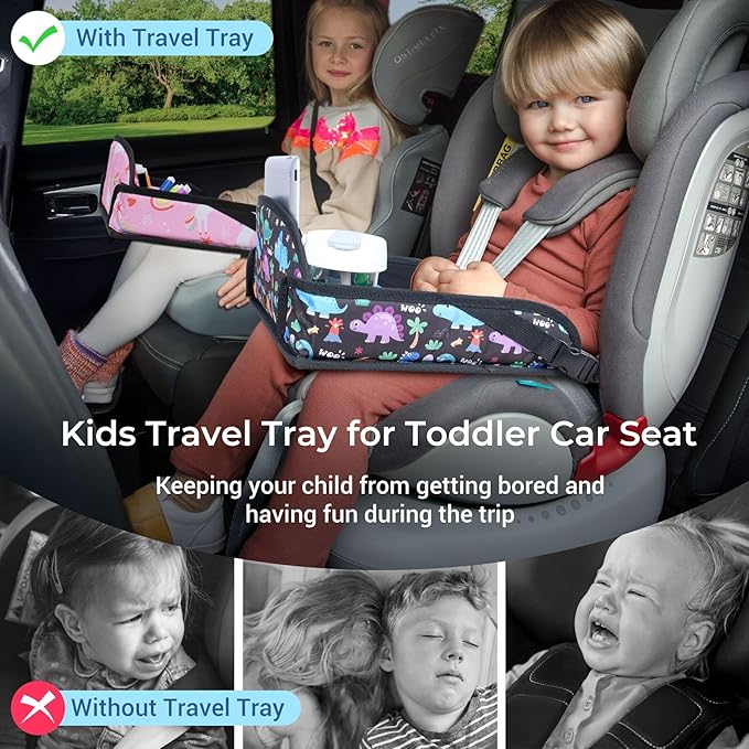 COOLBEBE Kids Travel Tray for Toddler Car Seat, 2PCS Travel Tray for Airplane, Toddler Car Seat Lap Tray, Carseat Table Tray for Kids Travel Activities(Dinosaur & Pink Unicorn)