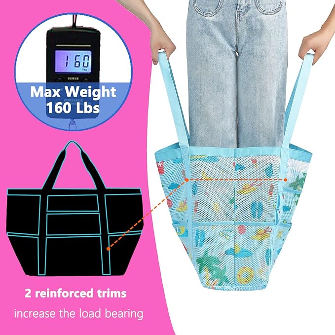 Mesh Beach Bag, Large Beach Tote with Zipper Pocket for Family Pool Bag for Toys & Vacation Essentials