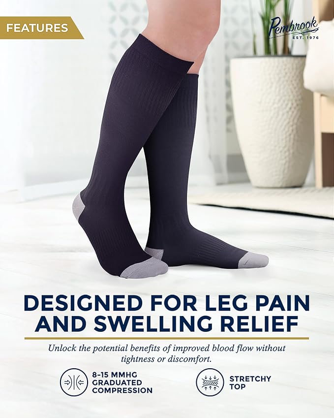 Pembrook Bamboo Viscose Light Compression Socks - 3 Pairs | 8-15 mmhg Compression Socks | Knee High Comfort Support Socks