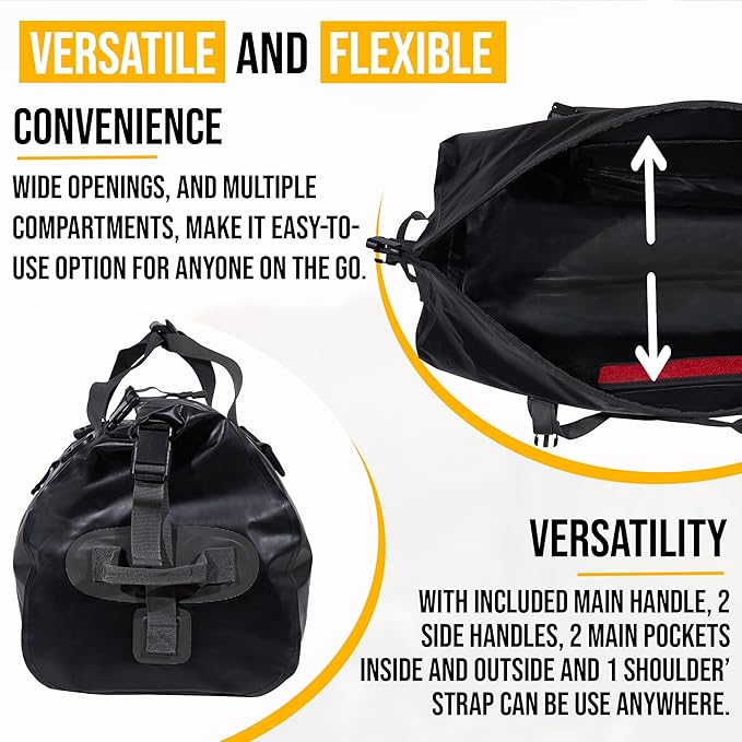LEGEND Waterproof Duffel Bag - Heavy Duty Duffle Bag for Outdoor, Camping, Boating & Travel, Premium PVC Dry Duffel Bag, Motorcycle Dry Bag with Durable Strap & Handles with Large Storage - 60L Black