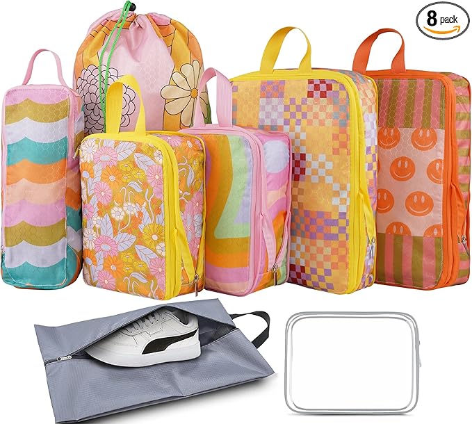 8 Pcs Compression Packing Cubes for Travel, Lightweight Waterproof Luggage Organizer Bags Set, Washable Packaging Cubes for Women Backpack Carry-On Suitcases