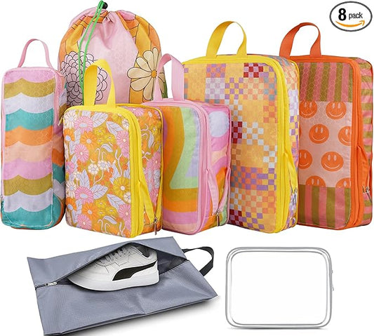 8 Pcs Compression Packing Cubes for Travel, Lightweight Waterproof Luggage Organizer Bags Set, Washable Packaging Cubes for Women Backpack Carry-On Suitcases