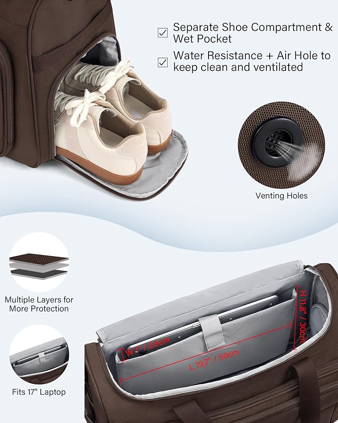 HanTrip Carry on Duffel Bag Foldable Duffle Bags for Travel, Large Personal Item Bags for Airplanes, Weekender Overnight Mens Travel Tote Bag for Women Softside Carry on Luggage (Coffee)