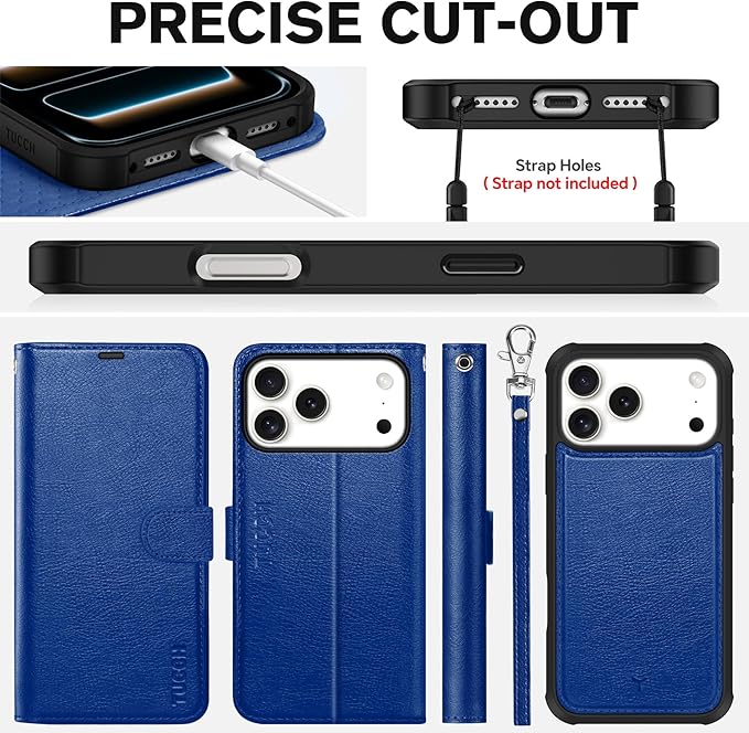 TUCCH 2-in-1 Detachable Wallet Case for iPhone 17 Pro Max 6.9" 2025, RFID Blocking 4 Card Slot | Wireless Charging | Wrist Strap | Kickstand | Magnetic | PU Leather | Protective Cover | Klein Blue