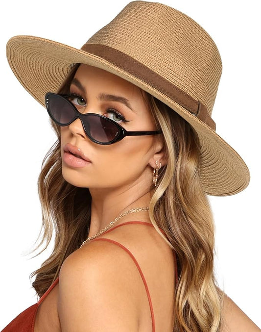 FURTALK Womens Mens Wide Brim Straw Panama Hat Fedora Summer Beach Sun Hats UPF Straw Hat for Women