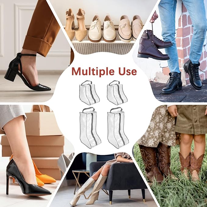 Boot Storage Bags [4PCS] - Plastic Tall Short Boot Carry Bags Clear Shoe Bags with Handle for Travel & Daily Use - [Gray] Waterproof & DustProof Boot Bags for Cowboy Boots