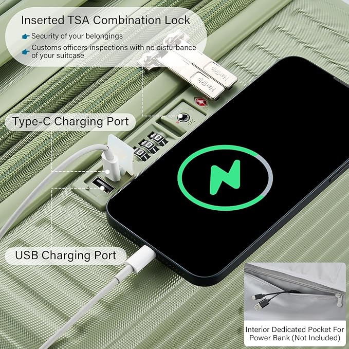 Hard Shell Suitcases Expandable Travel Luggage Sets 3 Piece, Carry on and Check in 3 Piece Luggage Suitcase Sets with Spinner Wheels Cup Holder Charger Built in (Bamboo Green, 20/24/28)