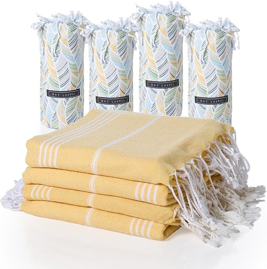 BAY LAUREL Turkish Beach Towel with Travel Bag 39 x 71 Quick Dry Sand Free Lightweight Large Oversized Towels Light - Pack of 4 (Pack of 4 - Dandelion with Floral Bag)