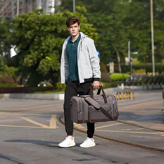Wolhbege Duffle Bag for Travel,Mens Travel Bag & Carry On Bag for Men with Expandable Design and Luggage Sleeve –Duffel Bag for Gym, Weekender,Canvas,Overnight Trips Grey
