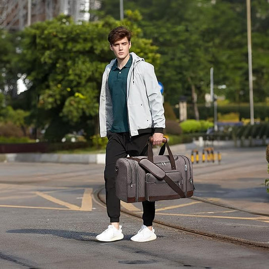 Wolhbege Duffle Bag for Travel,Mens Travel Bag & Carry On Bag for Men with Expandable Design and Luggage Sleeve –Duffel Bag for Gym, Weekender,Canvas,Overnight Trips Grey