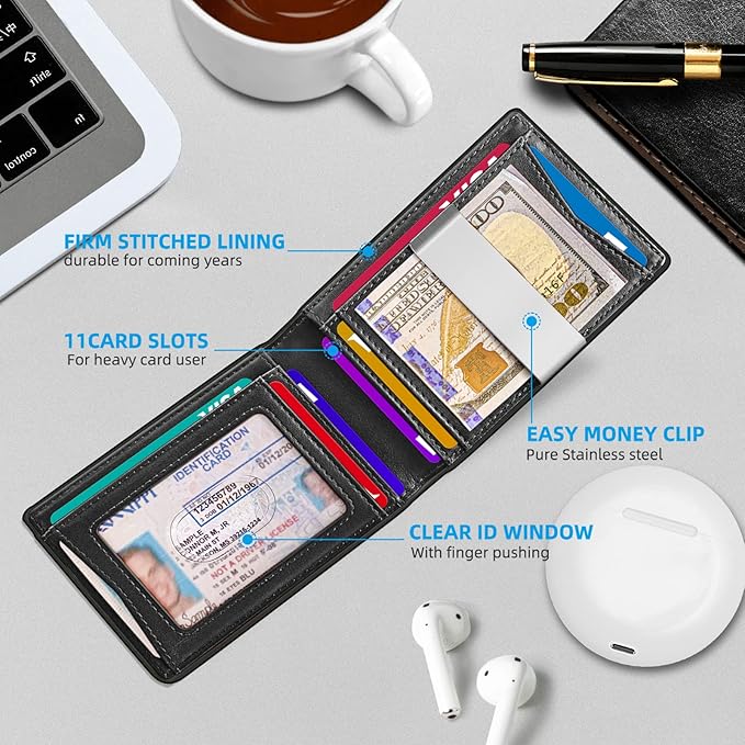 KS Mens Wallet Gift Airtag or Standard Use,Slim Front Pocket Leather Wallet Money Clip 11 cards RFID Blocking
