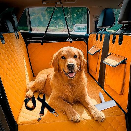 Back Seat Extender for Dogs with Waterproof Cover Hard Bottom Includes Pet Hair Remover and 2 Safety Straps Ideal for Large Cars and SUVs Perfect for Travel Road Trips Car Pet Bed Dog Seat Protector