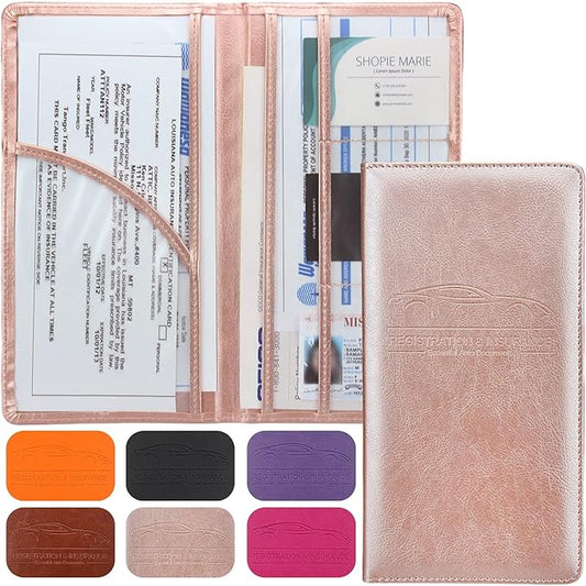 Premium Car Registration & Insurance Card Holder with Magnetic Shut, Vehicle Glove Box Car Organizer - For Documents, Cards, License (Rose gold)