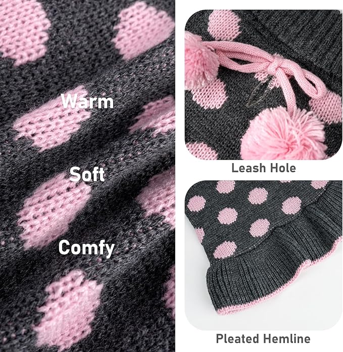 KYEESE Dog Sweaters with Leash Hole Small Turtleneck Dog Sweater Dress for Girl Polka Dot Knit Warm Pet Clothes with Pom Pom Ball