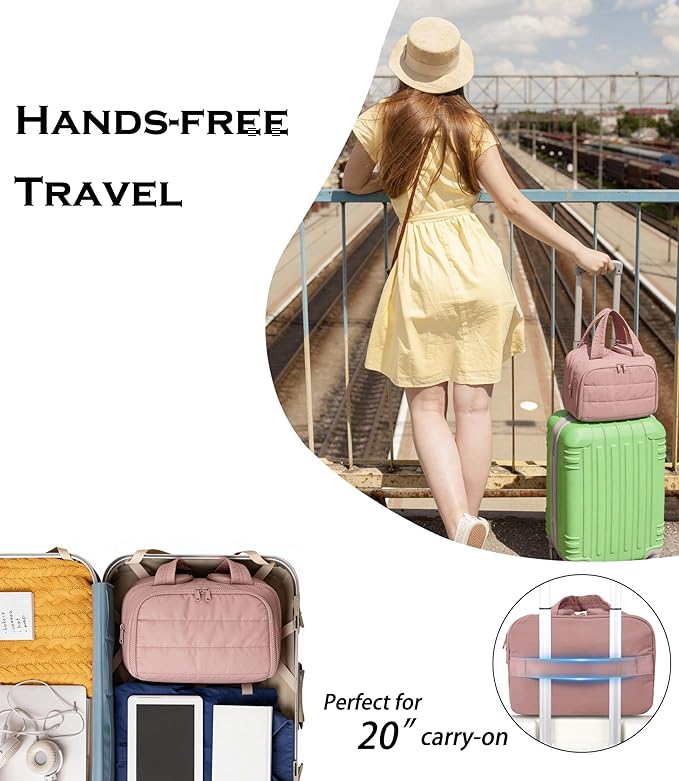 Travel Toiletry Bag for Women, Large Wide-open Puffy Cosmetic Makeup Bag with Wet-Dry Separation, Multi-Pocket Organizer with Carry Handle for Toiletries, Cosmetics, Essentials, Dark Pink