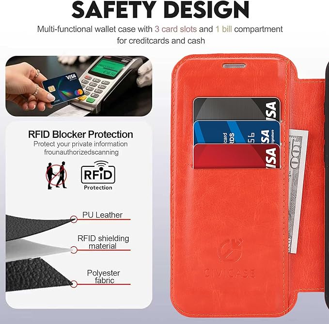 CIVICASE for iPhone 14 Pro Wallet Case with Stand,PU Leather Flip Credit Card Holder Slots (RFID Blocking),Compatible with Magsafe Magnetic Holder Phone Cover Women Men,Orange