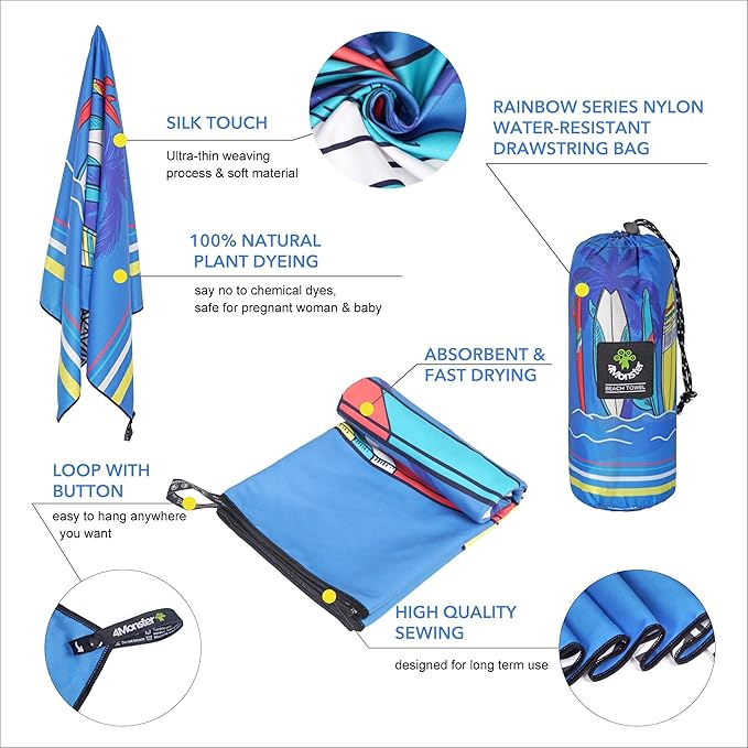 4Monster Microfiber Beach Towel Quick Dry,Super Absorbent Lightweight Travel Towel for Swimmers, Sand Free Camping Towel, Beach Towels for Pool,Swim,Water Sports,Yoga
