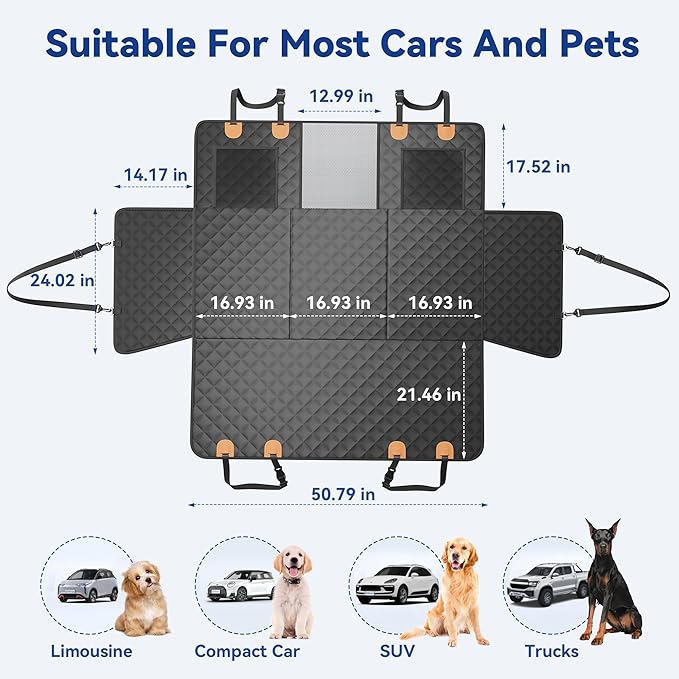 Pet Car Seat Cover Backseat - Upgraded Back Seat Extender for Dogs, 600D Scratchproof, PU Thickened, Waterproof Hammock, 400 lbs, Easy to Clean/Install, Universal for Cars SUV Truck, Pet Protector