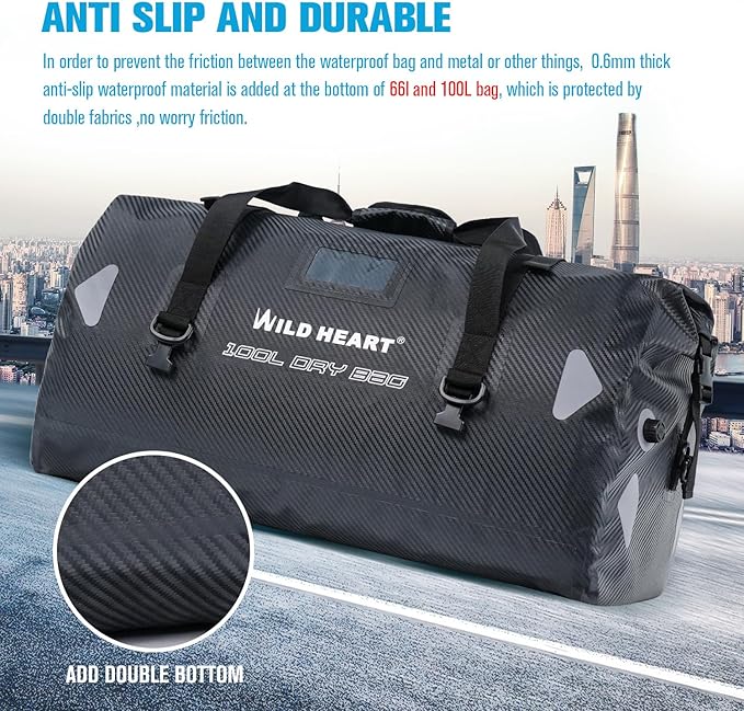 WILD HEART Waterproof Motorcycle Duffel Bag PVC500D Double-bottom With Rope Straps and Inner Pocket 40L 66L 100L for Kayaking, Camping, Boating,Motorcycle