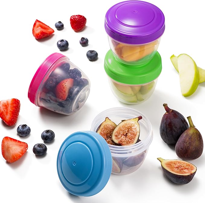Snack Containers (4 Set) - 4.75 Oz Small Food Storage Cups with Lids - Fruit, Nuts, Sauce, Condiments & Salad Container for Lunch Box - Reusable Dessert Cups, Microwave & Freezer Friendly, BPA-free