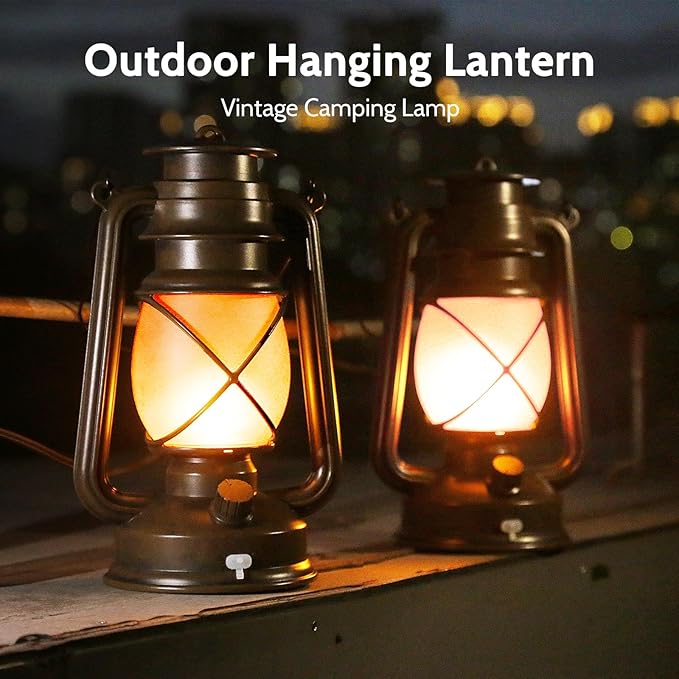 2 Pack Vintage Lantern Flickering Flame Rechargeable LED Retro Camping Lights 4 Modes Remote Control Battery Powered Outdoor Lamp Hanging Lanterns