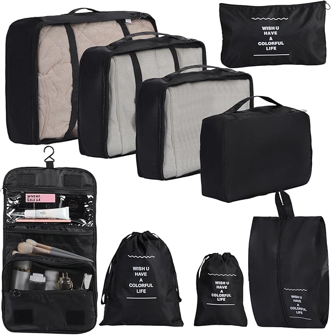 Packing Cubes Storage Bags 9 Pieces-Luggage Organizers Classify Store Clothing Efficiently for Travel Outdoor Home (Black, 9 Pieces)