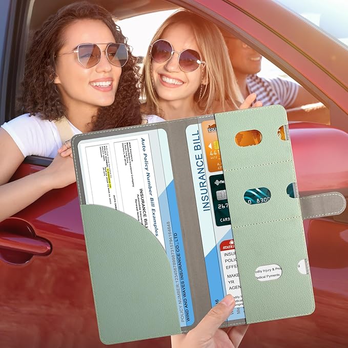 RSAquar Car Registration and Insurance Holder, Vehicle Glove Box Organizer Cool Car Accessories, Car Document Holder for Cards, Driver License & Essential Document, JD-Green