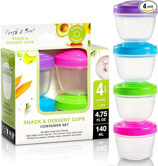 Snack Containers (4 Set) - 4.75 Oz Small Food Storage Cups with Lids - Fruit, Nuts, Sauce, Condiments & Salad Container for Lunch Box - Reusable Dessert Cups, Microwave & Freezer Friendly, BPA-free