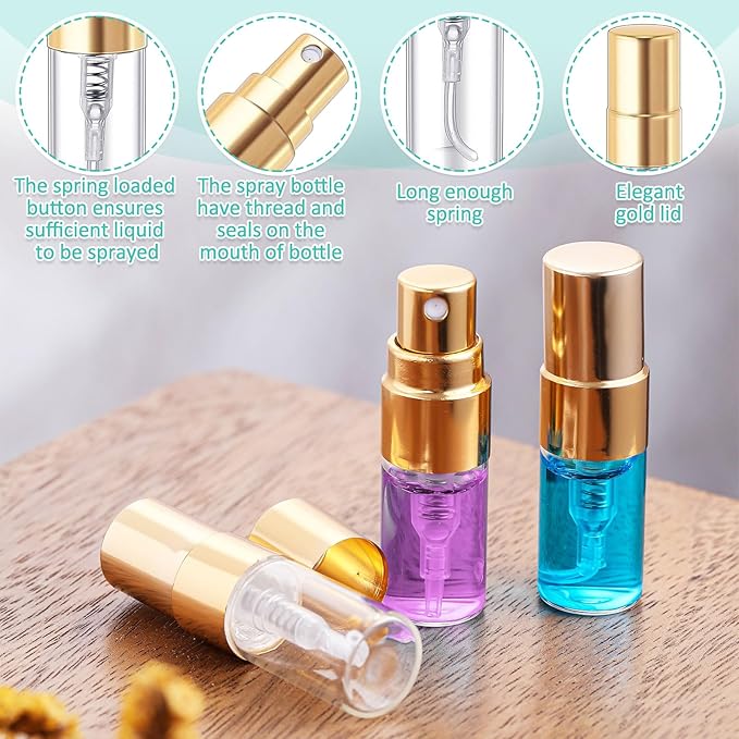 Zhehao 75 Pcs Mini Spray Bottles 2 ml Clear Glass Perfume Bottles Refillable Fine Mist Perfume Atomizer Portable Empty Sample Containers for Cleaning, Essential Oils, Travel (Gold Cap)