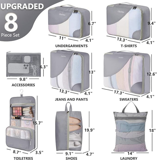 8 Set Packing Cubes for Travel, Anti-Tearing Suitcase Organizer for Luggage with Shoe & Hanging Toiletry Bag,Gifts for Women Mom,OlarHike Vacation Essentials & Accessories for Cruise Ship,Ash