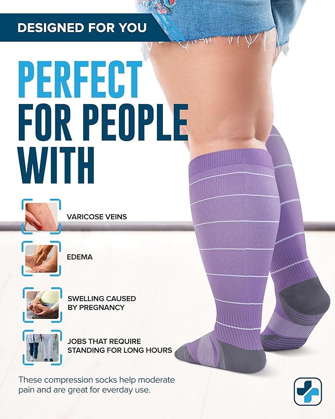 Doctor's Select 3 Pairs Plus Size Compression Socks Wide Calf - Up to 6XL | 20-30 mmHg Plus Size Wide Calf Socks | Blue, Pink, Purple (Stripes)