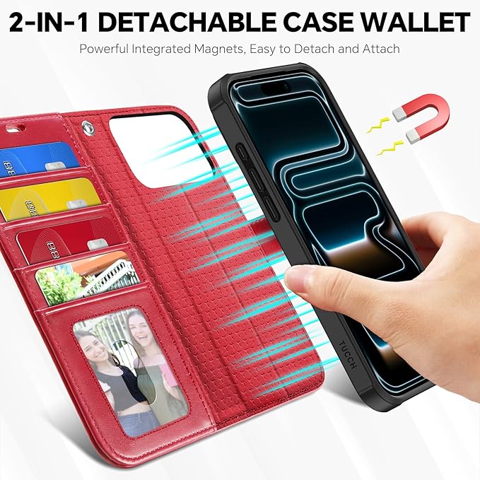 TUCCH 2-in-1 Removable Case Wallet for iPhone 17 Pro Max (6.9") 2025, Detachable Wrist Strap, 4 Card Holders RFID Blocking, Wireless Charging, Stand, Magnetic, PU Leather, Shockproof Folio Cover, Red