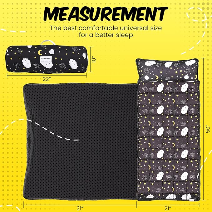 Roll Up Kids Nap mat with Fleece Ultra-Soft Minky Blanket and Pillow – Soft Toddlers Sleeping Mat with Dreamy Star-and-Cloud Design for Daycare, Preschool, Travel, Camping, Kindergarten