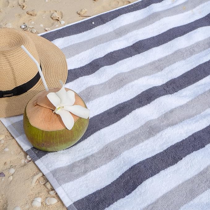 Arkwright Cabo Cabana Stripe Beach Towel - Pack of 4 - Large Soft Quick Dry Cotton Terry Towels for Pool, Swim, and Hot Tub, Oversized 30 x 70 in, Charcoal/Silver