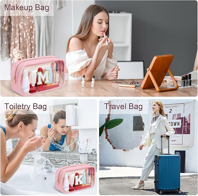 YOOLIFE Initial Make Up Bag Travel Toiletry Bag, Clear Makeup Bag Preppy Cosmetic Bags Organizer Travel Essentials Pink Gifts for Women Teen Girlfriend Teacher Mom Birthday Mothers Day Gifts I