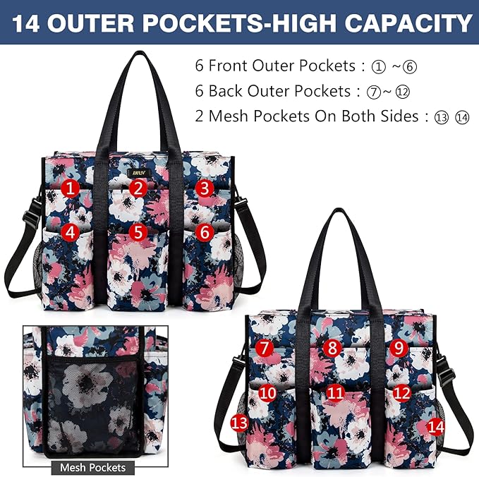 IBFUN Utility Tote Bag with 14/24 Pockets Zip Top Teacher Tote Bag for Teacher/Work Women