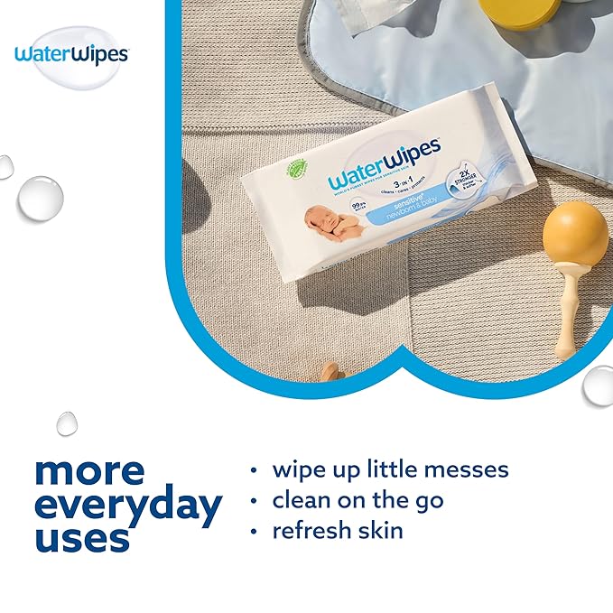 WaterWipes Sensitive+ Newborn & Baby Wipes, 3-In-1 Cleans, Cares, Protects, 99.9% Water, Unscented & Hypoallergenic, 1440 Count (24 Packs)