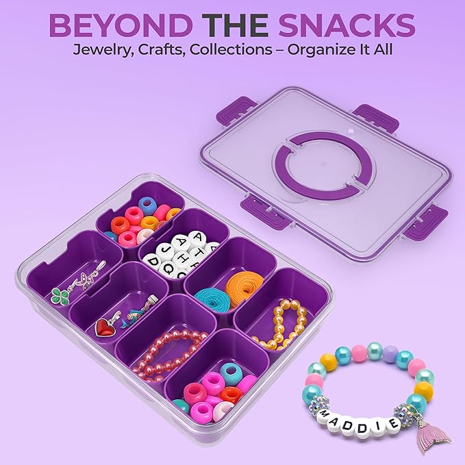 Snackle Box Container with Lid- Travel Charcuterie Box with Handle - Organizer for Candy, Fruit, Nuts, Veggies, Snacks, Beach Essentials, Portable Lunch Box (Purple, Large)