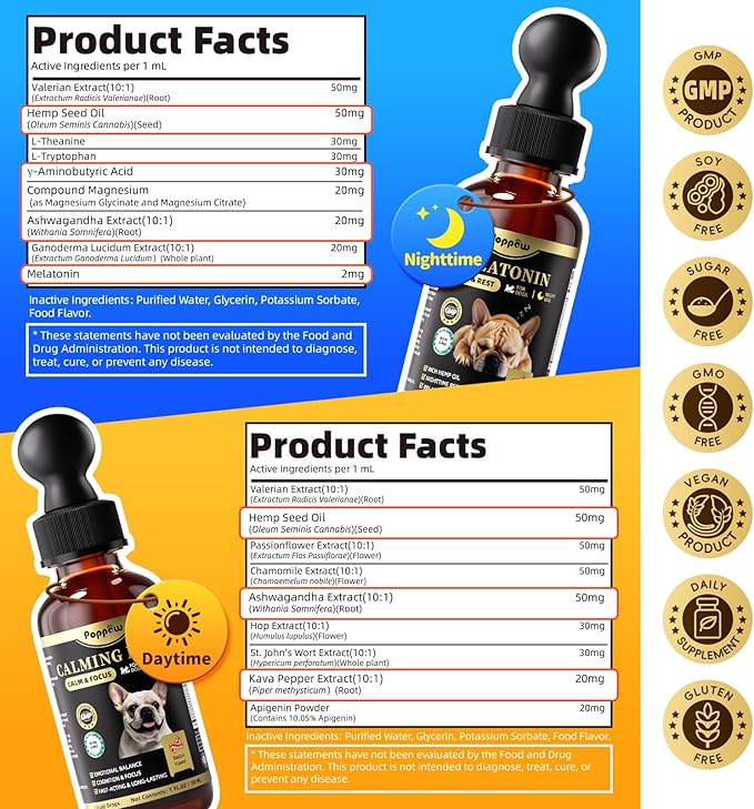 Hemp & Melatonin Calming Drops for Dogs – Day & Night Calming Treat for Anxiety Relief, Stress, Aggression, Separation, Relaxation & Sleep Aid, Bacon Flavor, 2 FL Oz