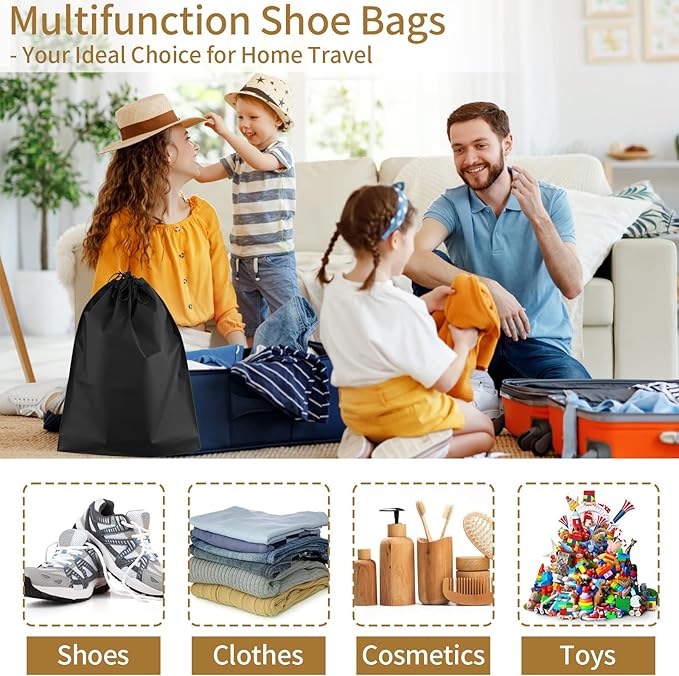 20 Pack Black Shoe Bags for Travel, 15.7" x 11.8", Waterproof Portable Drawstring Travel Shoe Storage Bags