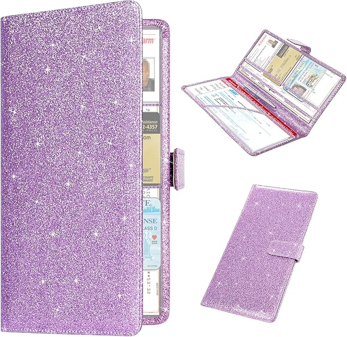 RSAquar Car Registration and Insurance Holder, Vehicle Car Glove Box Organizer, Cool Car Accessories for ID, Driver License Cards & Essential Document, Men&Women, Purple Glitter