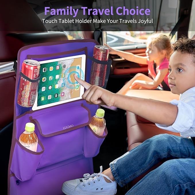 LUCMO Car Backseat Organizer with Touch Screen Tablet Holder,9 Storage Pockets Car Storage Organizer,Protectors Kick Mats Travel Accessories for Kids-Dark Purple