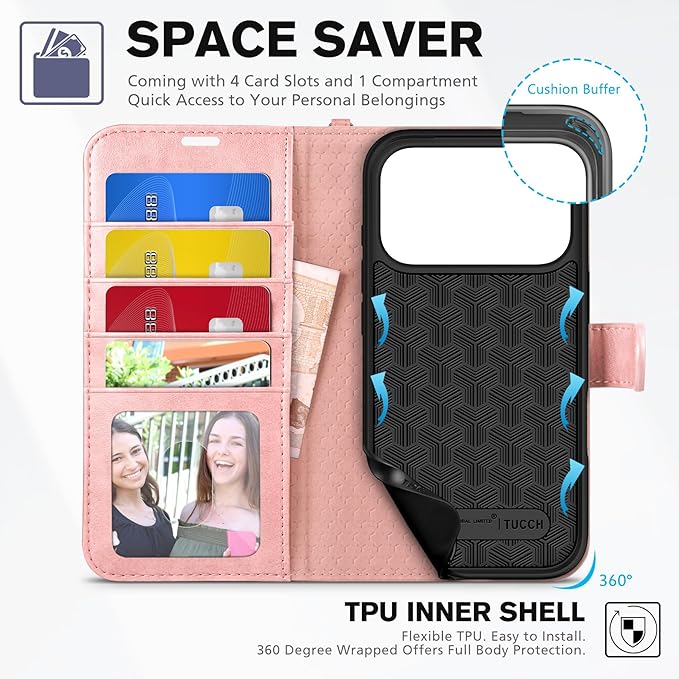 TUCCH Wallet Case for iPhone 17 Pro (6.3") 2025, Wrist Strap | 4 Card Slots | RFID Blocking | Kickstand | Shockproof TPU Shell | PU Leather | Magnetic | Protective Flip Cover | Rose Gold