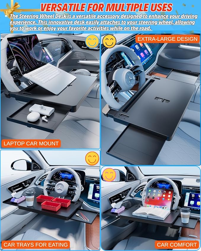 Portable Large Steering Wheel Tray Table for Car - Adjustable Laptop Holder Desk & Food Trays, Car Tray That Fits Over Steering Wheel Cover, Eating Food & Working, Driver Office Accessories