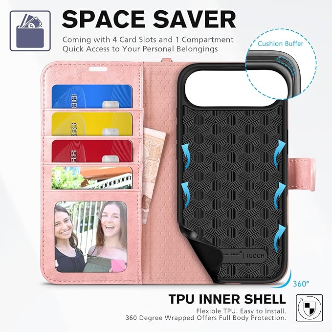TUCCH Wallet Case for iPhone Air (6.5") 2025, Wrist Strap | 4 Card Slots | RFID Blocking | Kickstand | Shockproof TPU Shell | PU Leather | Magnetic | Protective Flip Cover | Rose Gold