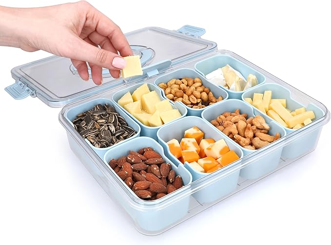 Snackle Box Container with Lid- Travel Charcuterie Box with Handle - Organizer for Candy, Fruit, Nuts, Veggies, Snacks, Beach Essentials, Portable Lunch Box (Blue, Large)